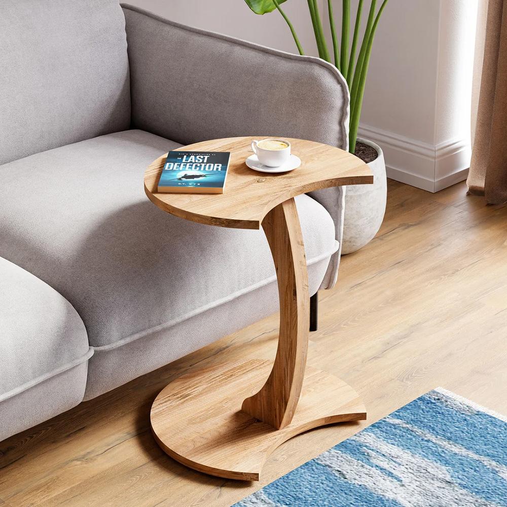 Kávový stolek ve tvaru C, Pojízdný boční stolek, Dekor Atlantic Pine, Pojízdný stolek k pohovce z dřevotřísky, Noční stolek