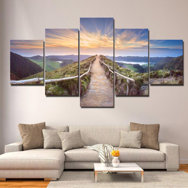 5 Panels Landschaft Holzbrücke zur Insel Leinwand Malerei Natur Poster und Drucke Wandkunst Bilder Home Decor Kein Rahmen