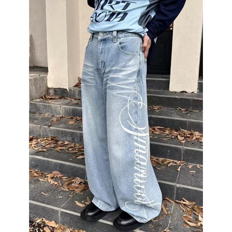 Autumn Men's Letter Printed Straight-Leg Baggy Jeans Hip Hop Fashion Washed Denim Pantalones American Retro Y2K Streetwear Jean