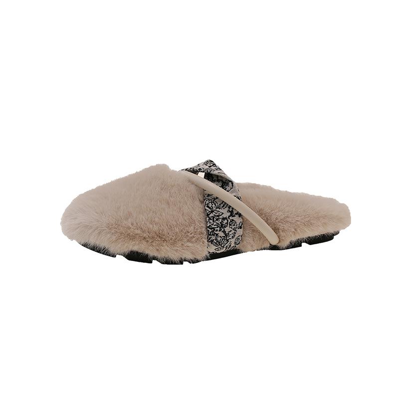 Mink Hair Flat-bottomed Plush Shoes for Women's Outer Wear 2025 Autumn and Winter New Warm One-pedal Maternity Cotton Slippers