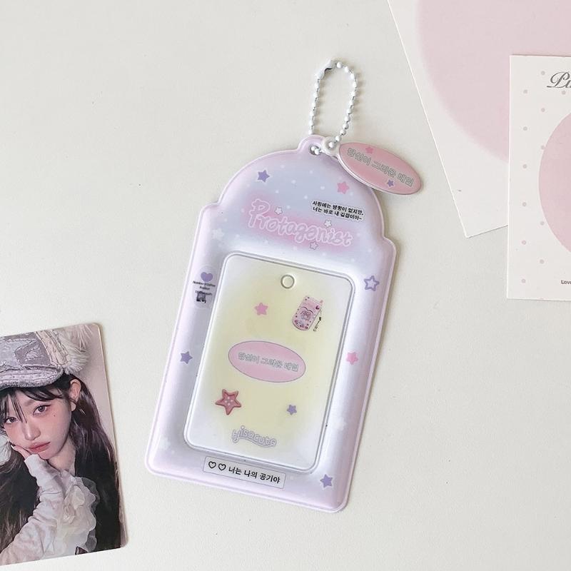 Kpop PVC Photocard Holder with Keychain Pendant Kawaii Card Protector for 54x86mm Idol Photo Fit Students Girls Gift