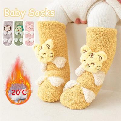 Meias Grossas de Lã Coral Outono Inverno Meninos Meninas Antiderrapante Chão Quente Meia Desenho Animado Boneco 3D Meias para Bebês Crianças 0-6A