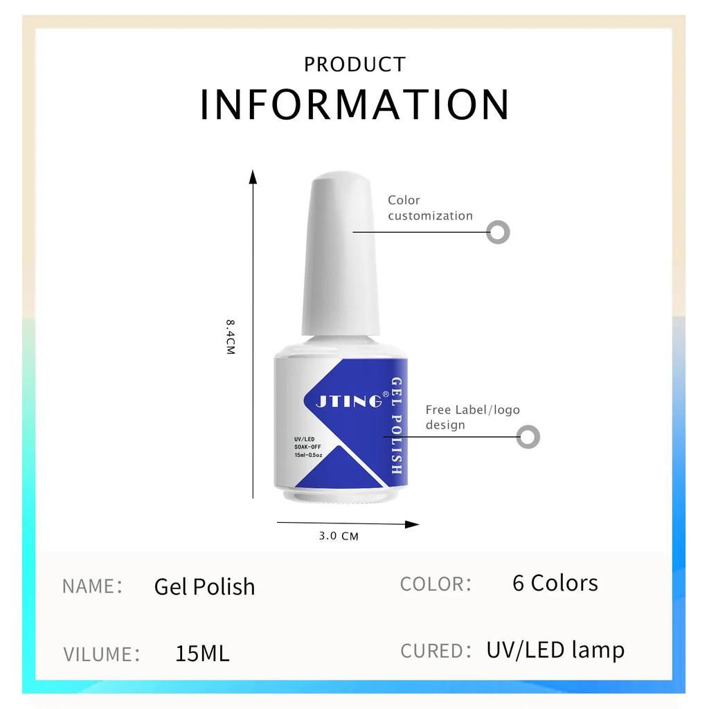 JTING Nail Art Professional 6 Colors Nail Gel Polish Glass Bottle Bright Color Collection UV Gel Nail Polish Soak off Salon