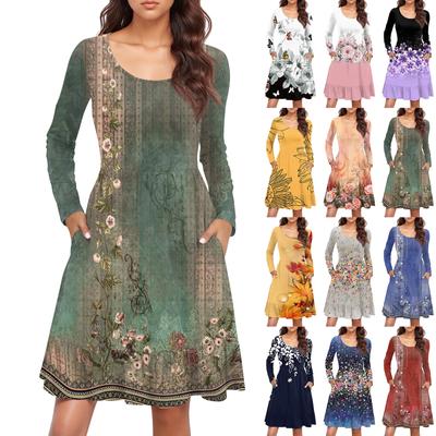 Women's Fashionable Round Neck Long Sleeved Dress Printing Loose Waist Pleated Casual Dress