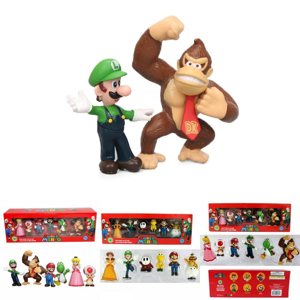 Set di 6 Action Figure Giocattolo di Super Mario Bros con Luigi, Yoshi e Funghi Collezionabili per Bambini