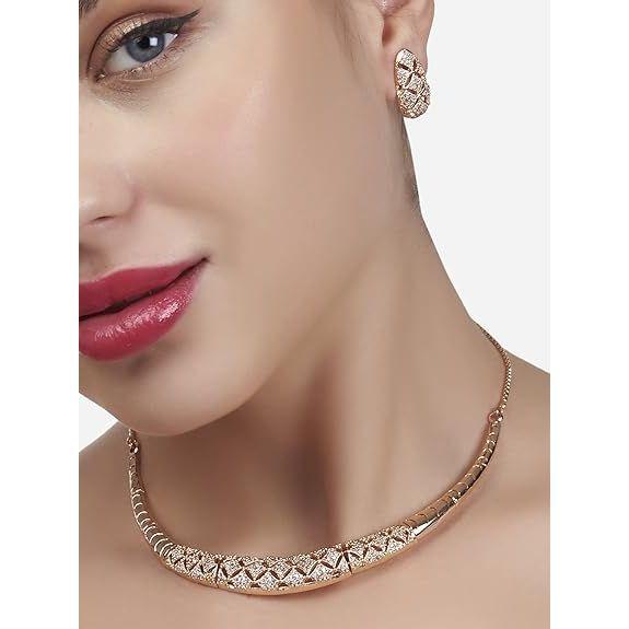 Rose Gold Cubic Zirconia Party Bling Necklace & Earring Set For Women