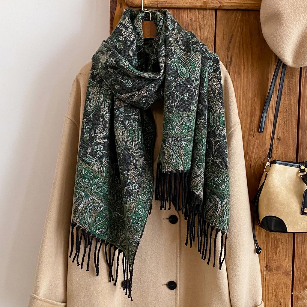 Women'S Winter National Style Paisley Print Thick Pashmina Shawl  Warm Long Tassel Scarf Cold-Resistant Poncho Stoles