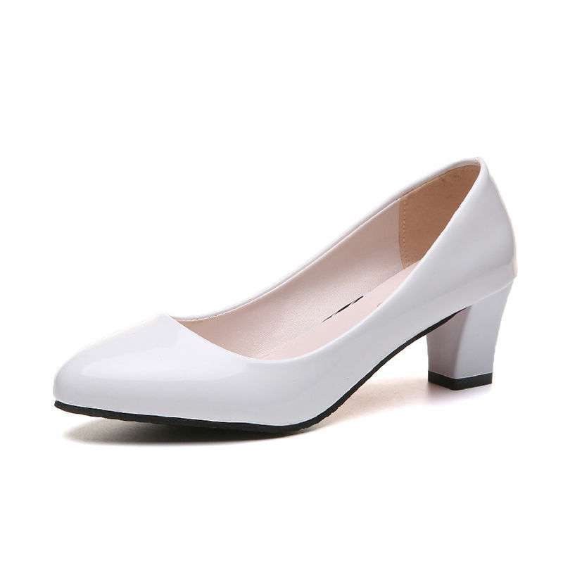 New work single shoes women's casual fashion round head soft leather Korean version medium and high heel leather shoes women's patent leather
