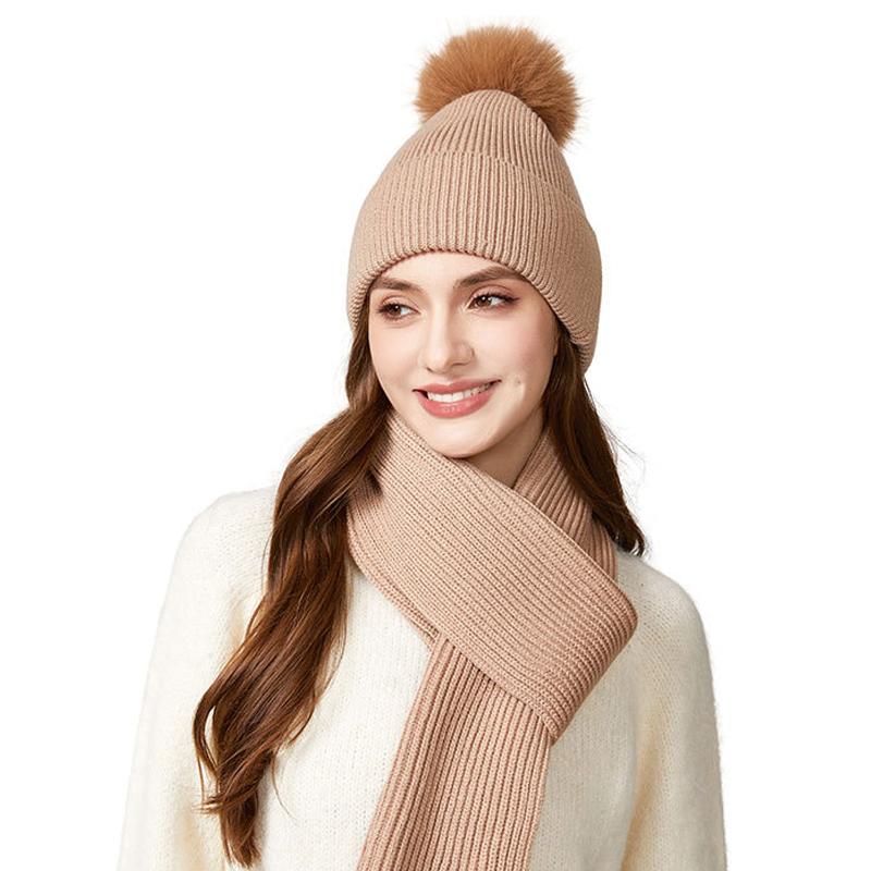 Knitted Hat Scarf Set Women's Autumn Winter Thick Fur Ball Wool Hat Outdoor Ear Protection Warm Hat