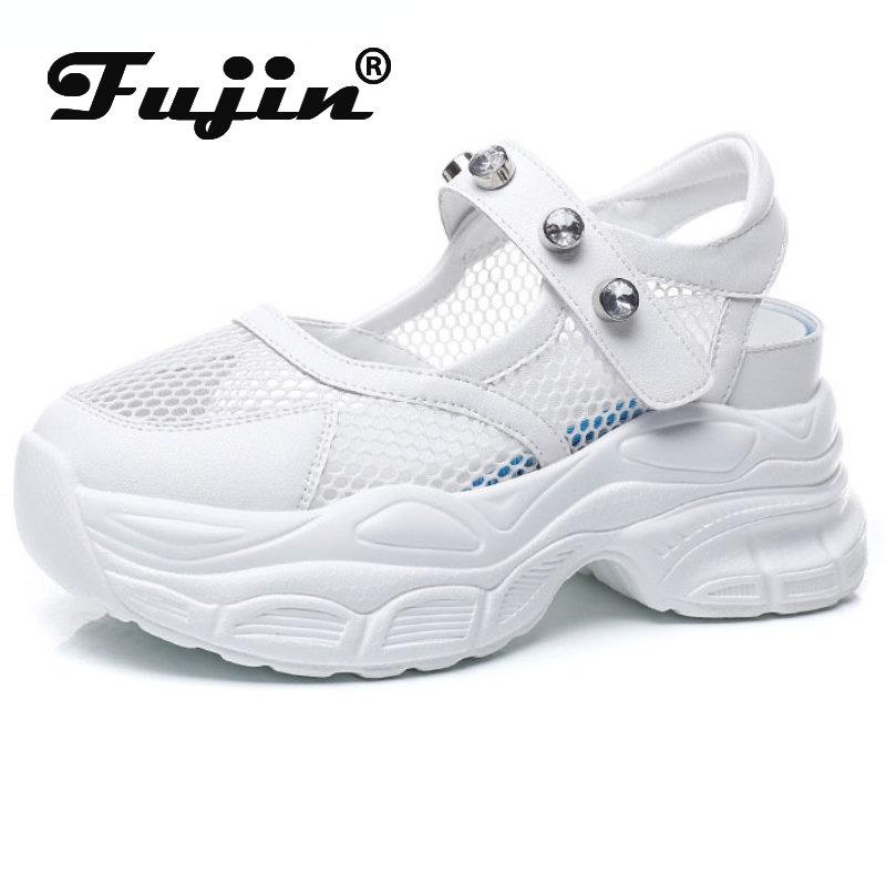 

Fujin/7 см из натуральной кожи с сетчатым покрытием, дышащие женские босоножки на танкетке на платформе, на скрытом каблуке, массивные кроссовки, летняя обувь