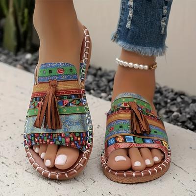 Women's Bohemian Flat Slippers Plus-size Flat Slippers for Women Summer Fringe Beach Shoes for Women