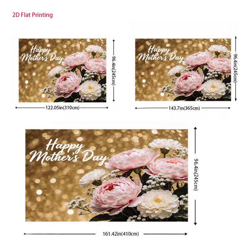 2D Happy Mother's Day Backdrop with Pink Peony and Gold Bokeh Photography Background