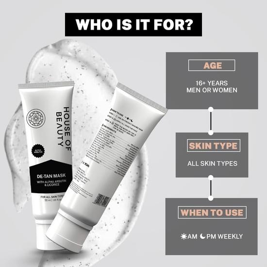 HOUSE OF BEAUTY De Tan Mask with Fuller's Earth and Alpha Arbutin Reduce White Heads , Dark Spots and Pigmentation, Provide a Glowing Skin(30 Ml)