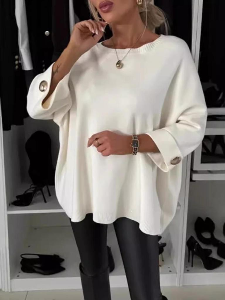 2024 Fall Women's Solid Color Round Neck Mid-Sleeve Knit Casual Top