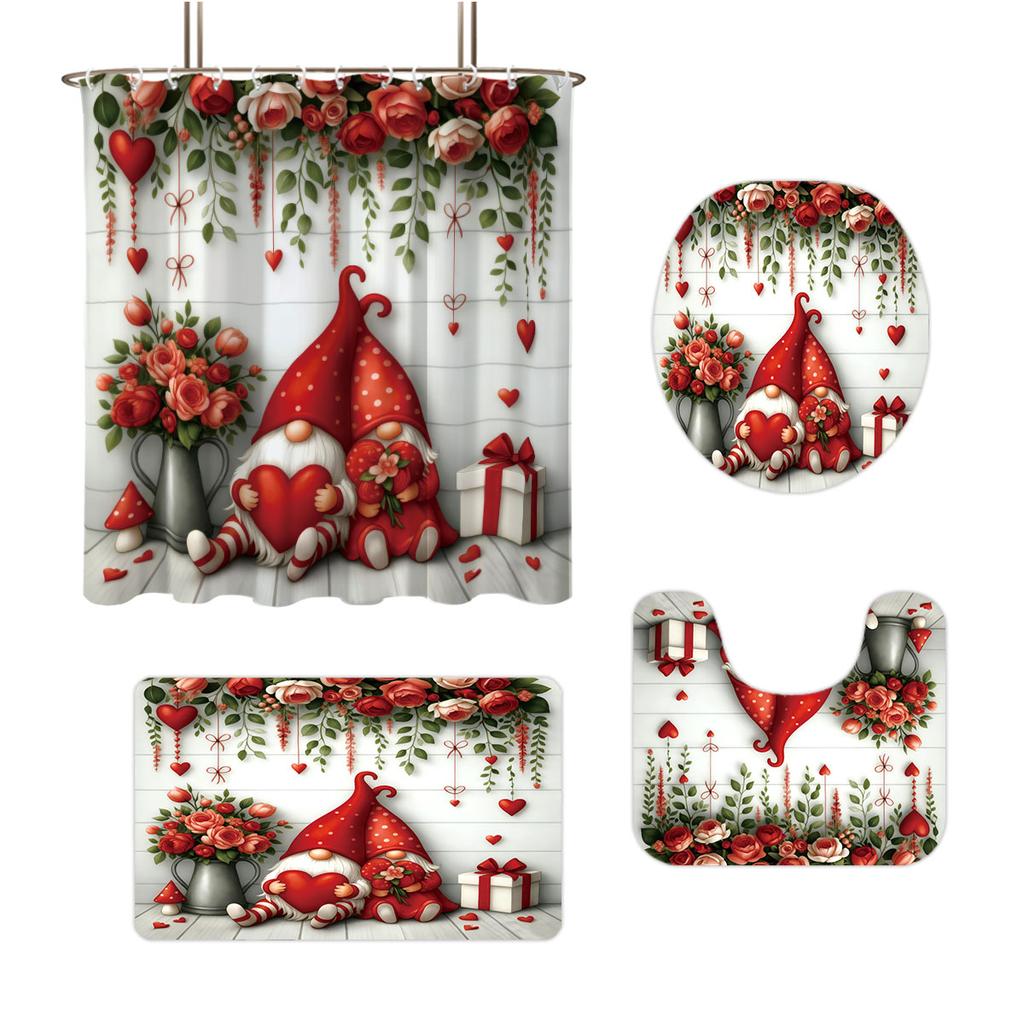 4pcs Valentine's Day Pink Romantic Love Gnome Print Bathroom Set 180x180 Waterproof Shower Curtain Floor Mat U-shaped Toilet Mat