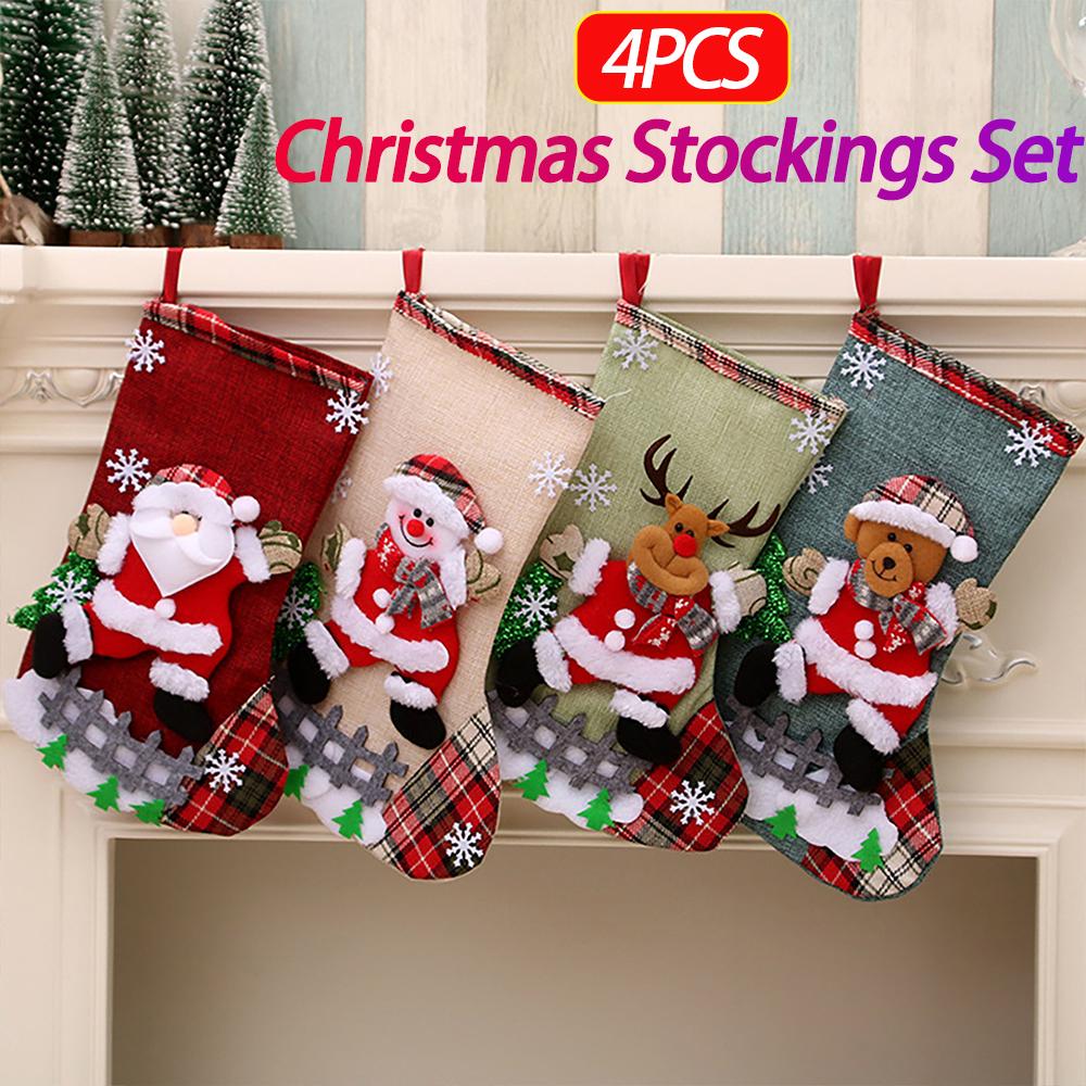 4 STÜCKE Weihnachtsornament Socke Große Kapazität Überraschungsgeschenktüte Set Plüsch Weihnachtsmann/Schneemann/Bär/Elch für Zuhause Klassenzimmer Party
