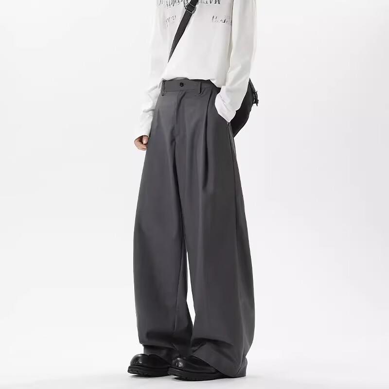 QOTRIOCK American Style Pleated Loose Straight Casual Trousers