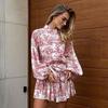 Ink printing long-sleeved dress short dress European and American spring new stand-up collar lantern sleeve lace-up dress