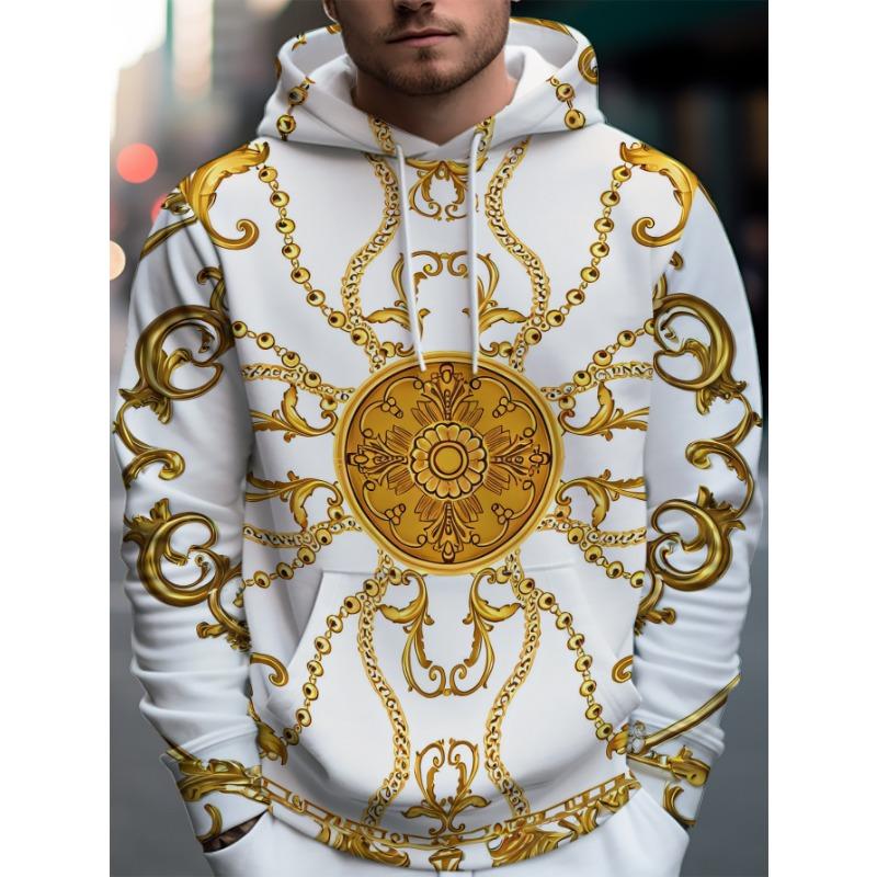 Men's Hooded Sweatshirt Trendy Baroque Gold Pattern Printed Long-sleeved Top