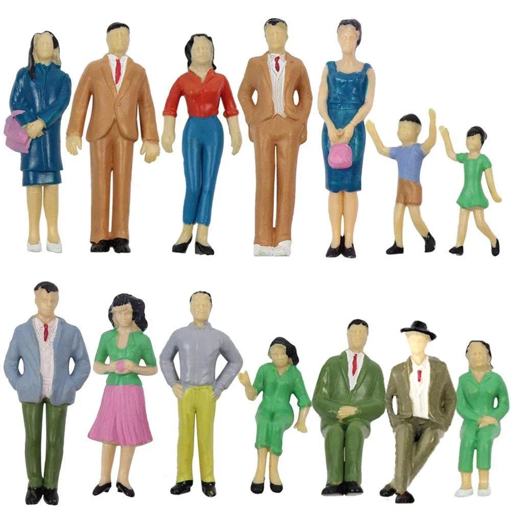 14 Painted Figurines, Scale Model People Set, Sitting and Standing Figures, Painted Model Train Park Street Figures
