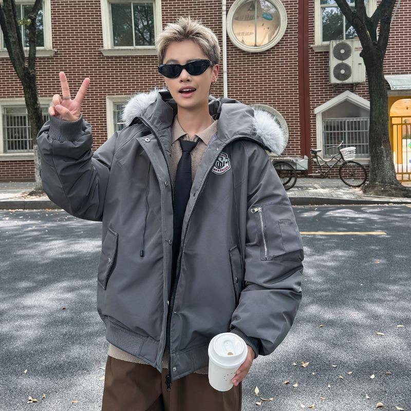 British hooded fur collar men and women couple cotton clothes women's winter thickened warm retro short men's tooling cotton-padded clothes outside