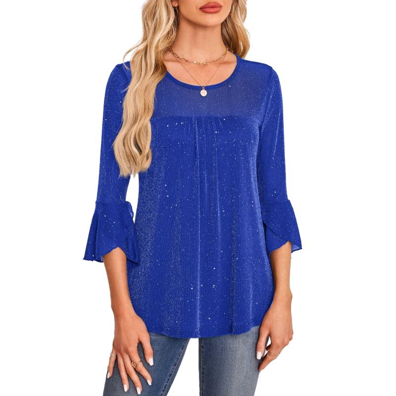 Summer pleated flared sleeve round neck mesh cropped shirt women