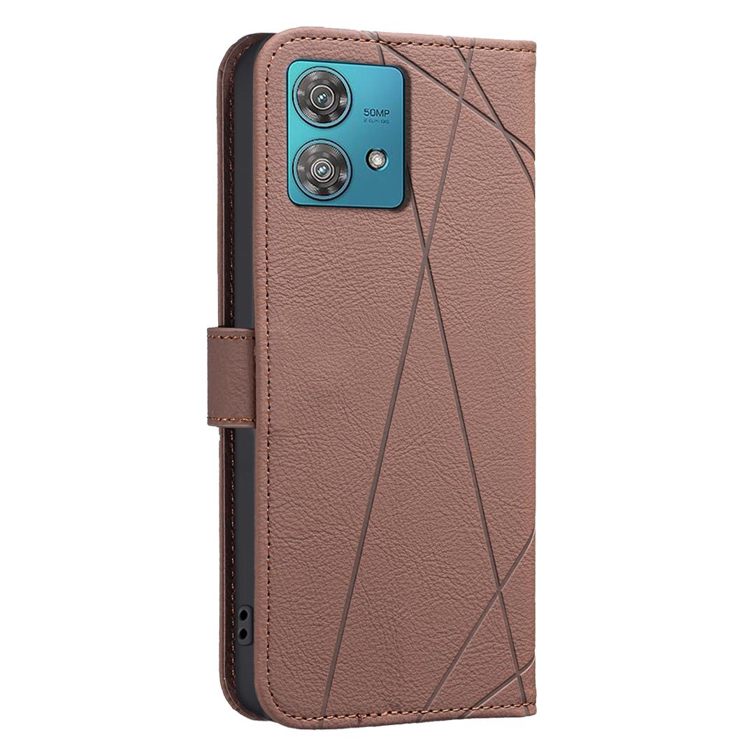 

For Motorola Edge 40 Neo 5G Case BINFEN COLOR BF35 Geometry Imprinted Leather Phone Cover RFID Blocking Wallet Stand Beige