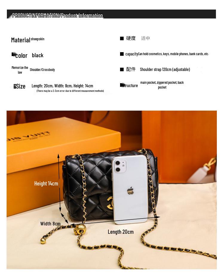 2024 Designer Trend Shoulder Bag: Fragrant Style Diamond Lattice, Gold Bead Chain, Square, Genuine Leather Women's Handbag.