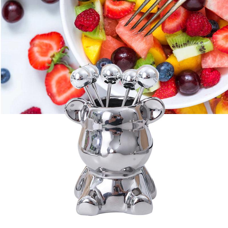 Barattolo Porta Posate da Frutta Forma di Animale Carino Portaposate da Forchetta in Ceramica con 6 Forchette da Frutta in Acciaio Inossidabile