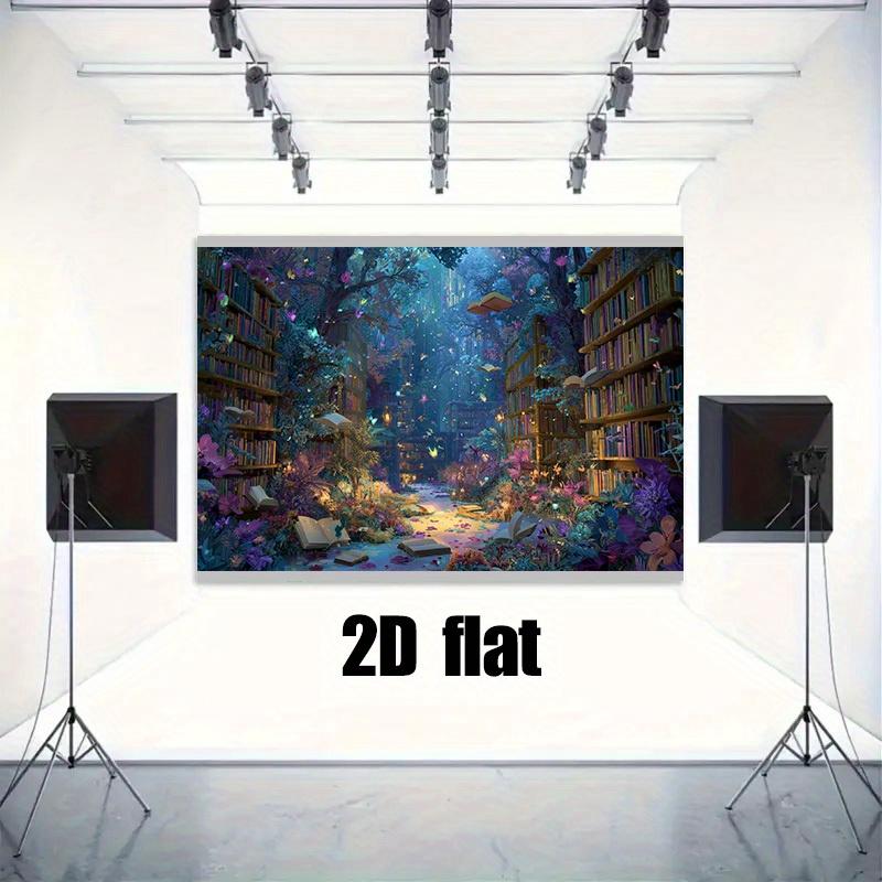 2D Plane, 1 Piece of Magic Library Background Banner - Charming Forest Library Scene with Bookshelves and Glowing Books