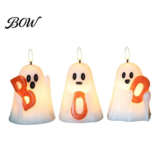 Porch Patio Ambient Illumination Halloween Ghost Flameless Candle, Cute Holding BOO Letter Tealight, Wireless Flickering Candle Lamps Battery Operated