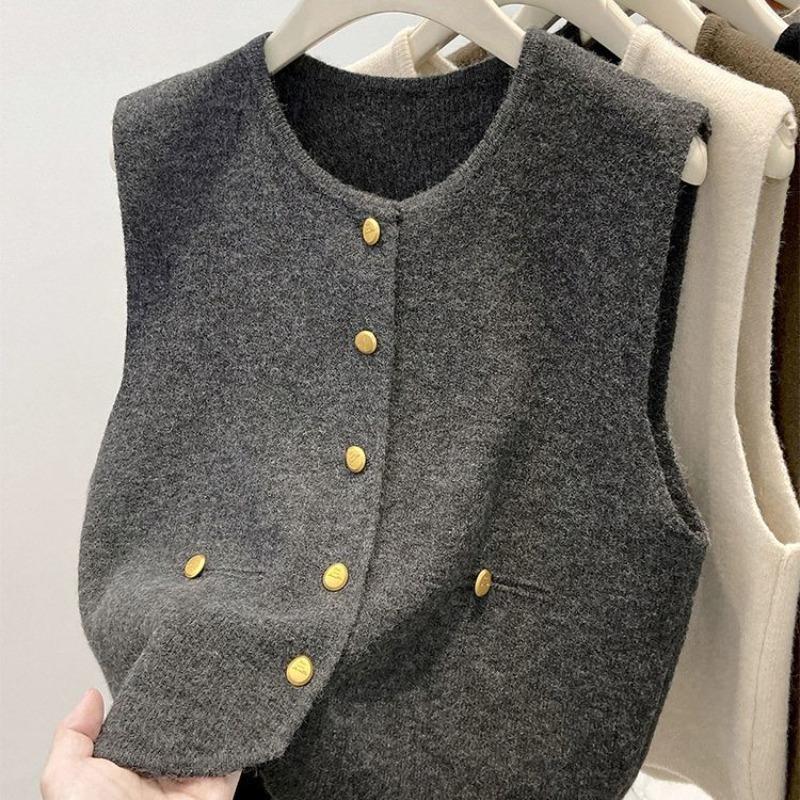 Knit Vest Women Cardigan Sweater Button Up Round Neck Sleeveless Round Neck Simplicity Casual Fashion Lady Top Female Vest Coat