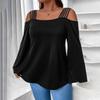 Plus Size Women Loose Off Shoulder Flare Sleeve Square Neck Long Sleeve T Shirt