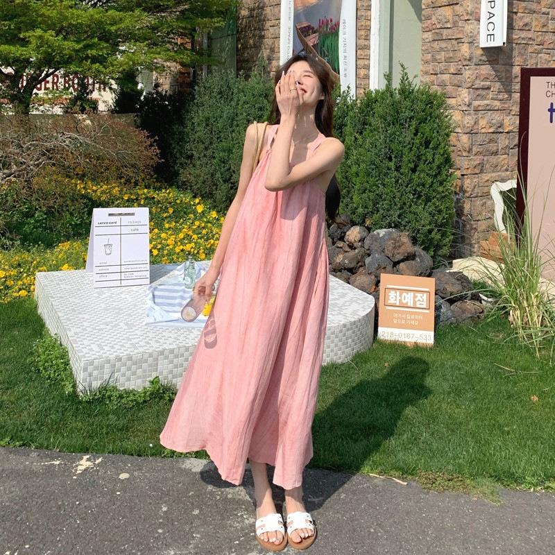 Pink Suspender Long Dress Women's Summer New Seaside Vacation Beach Dress Neck Design Niche Skirt