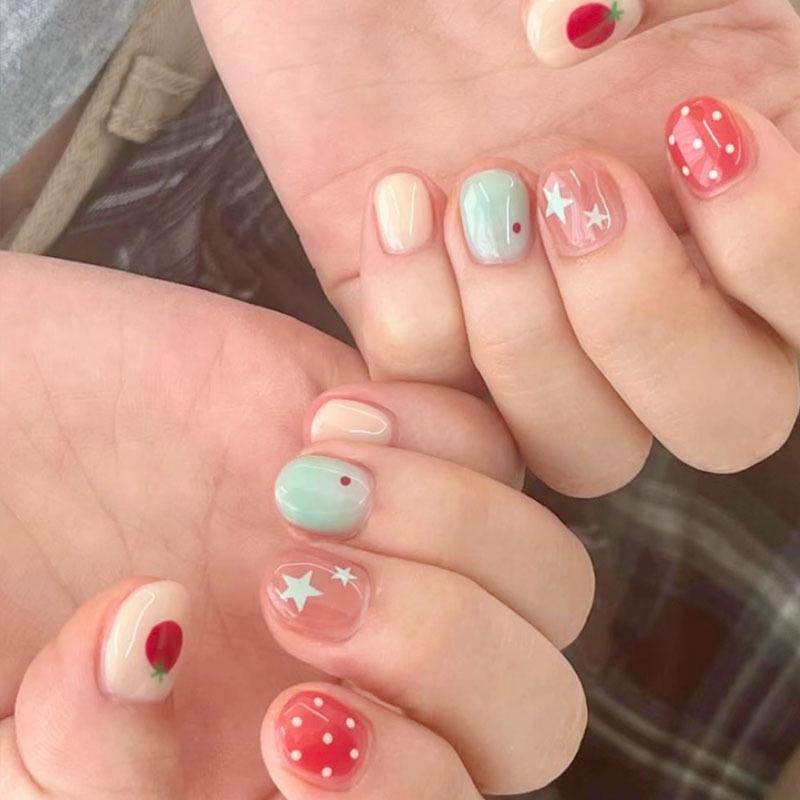 30Pcs Cute Cartoon Short Bean Shaped Press On Nails Autumn Winter Niche Design Fake Nails Gift For Girls And Friends