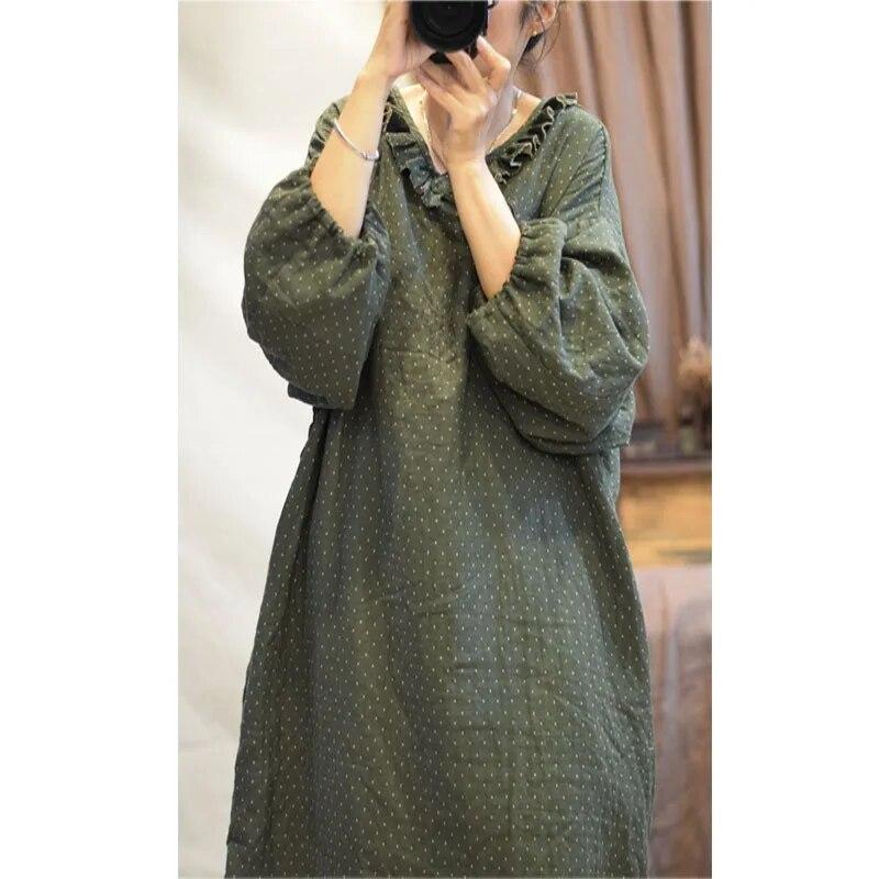 Johnature Stickerei Waschen Baumwolle Vintage Kleid Herbst Frau Lange Ärmeln Lose Beiläufige Kleid