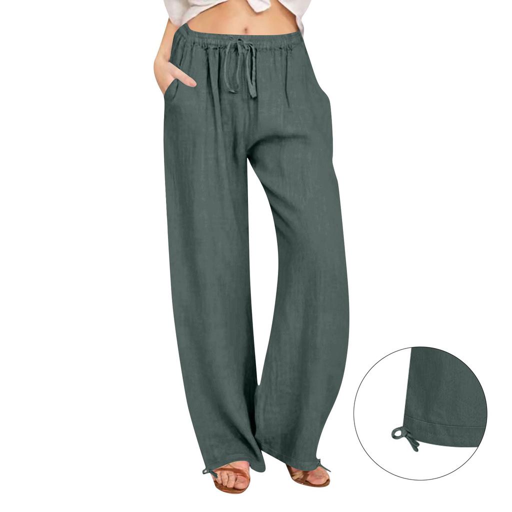 Damenhose, lässig, locker, hohe Taille, Baumwolle, Leinen, weites Bein, lange Hose mit Taschen