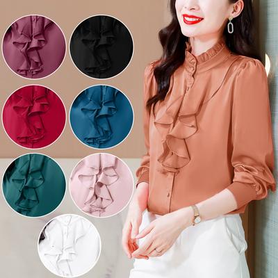 Ruffles Stand Neck Elegant Shirts Women Spring Trend Solid Color Satin Blusas Mujer Long Sleeve Tops Feminina