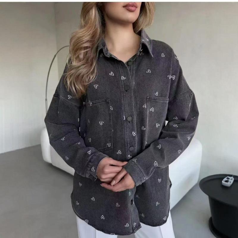 Denim-Hemd Damen Große Größe Locker Literarisch Retro Liebesdruck Langarm-Hemdjacke