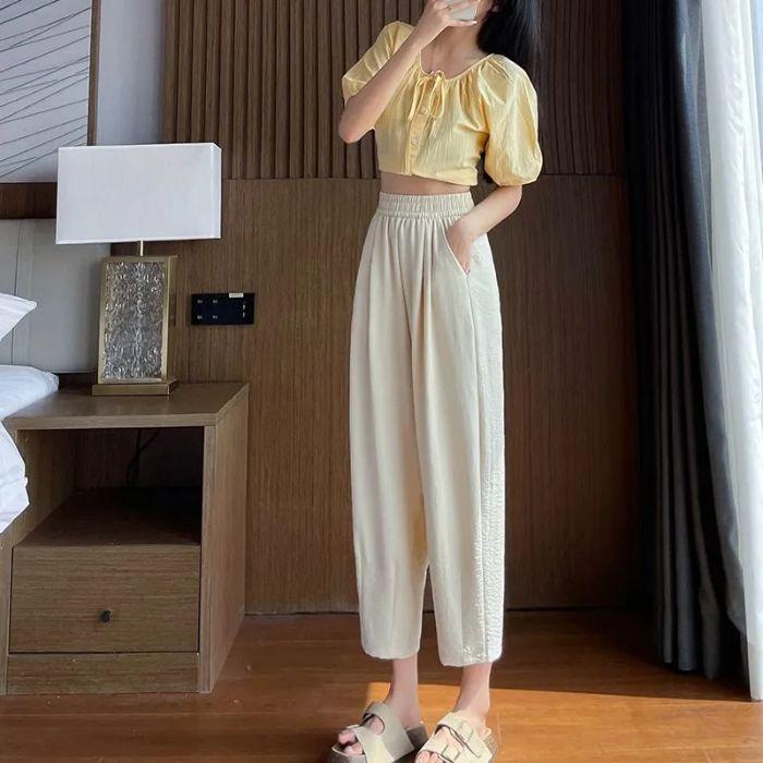 

Женские летние тонкие свободные и узкие брюки-морковки с высокой талией и девятью точками, верхняя одежда из ледяного шелка, солнцезащитные повседневные шаровары 3XL