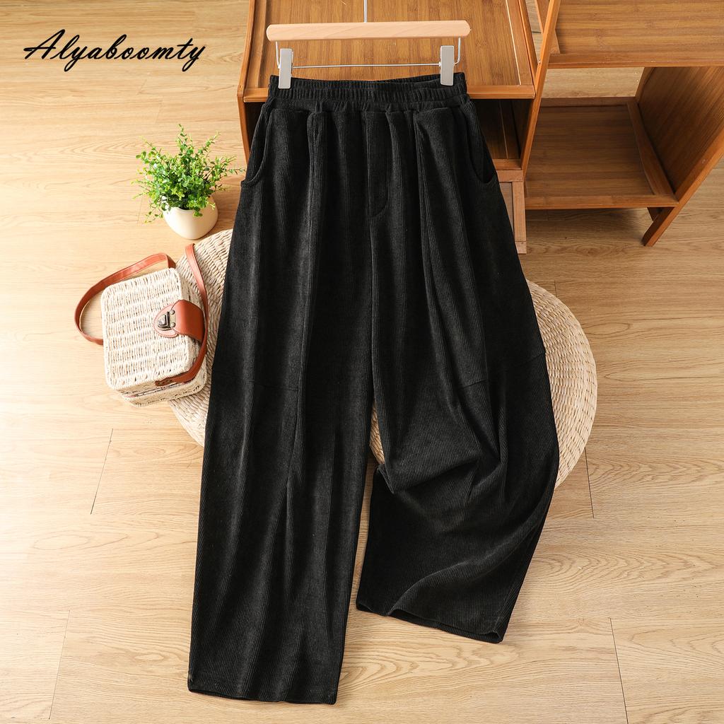 Korean Style Spring Autumn Women Harem Pants Elastic Waist Black Brown Casual Loose Corduroy Capris Vintage Baggy Ladies' Basic Pants