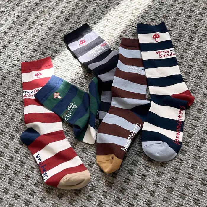 [Banana Sisters X OKTINA] Club Mushroom Stripe Embroidered Long Socks 5 Colors