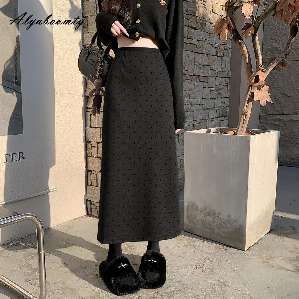 Koreanischer Stil Herbst Winter Damen Gerader Rock Hohe Taille Grau Schwarz Gepunktet Wollrock Schlitz Dick Warm Fleece Midi Wollröcke Damen