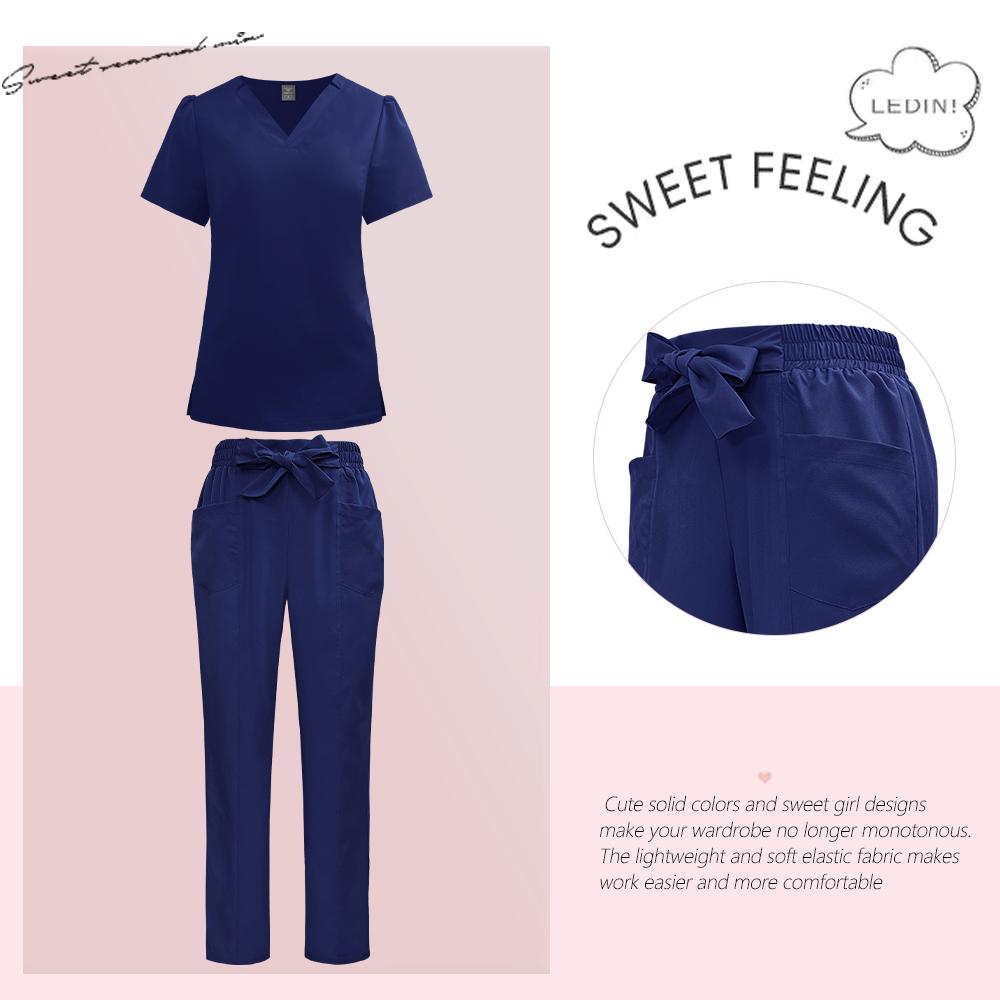Surgical Uniforms Woman Fashion Bow Belt Nursing Scrubs Set Medical Uniform Top Pants Hospital Clinical Suits Beauty Spa Clothes