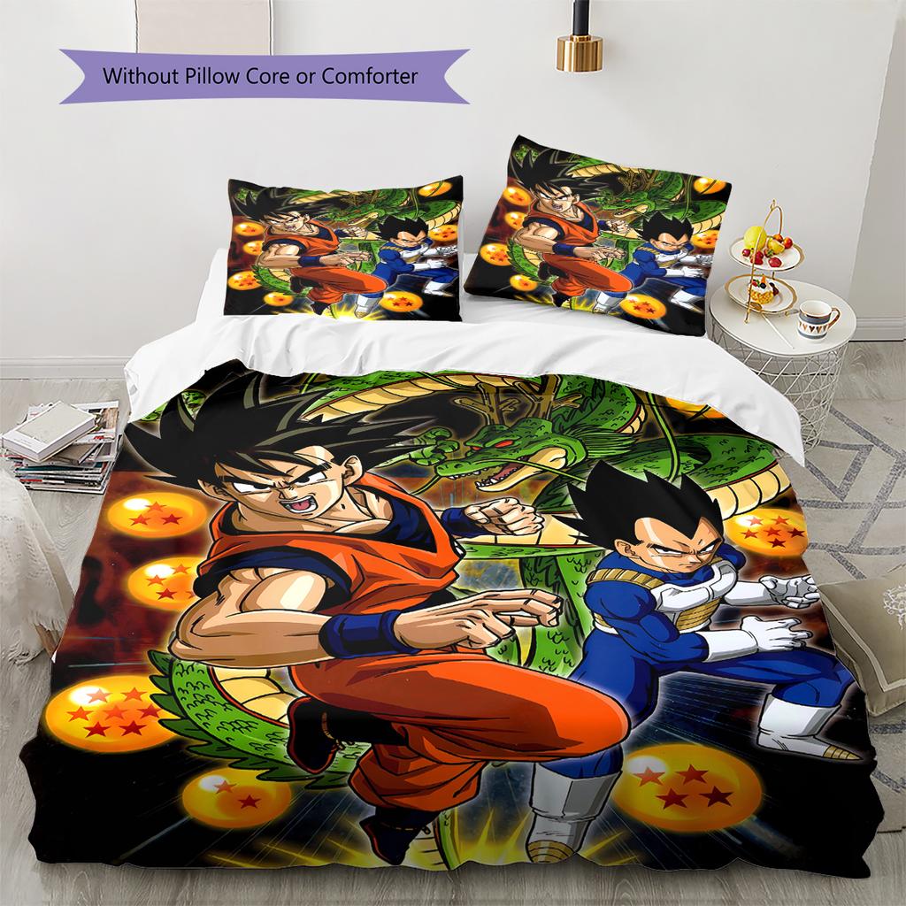 Son Goku Pattern Bedding Quilt Set Quilt Cover Pillowcase Home Decoration Gift (1 * Duvet Cover + 2 * Pillowcase, Without Core)