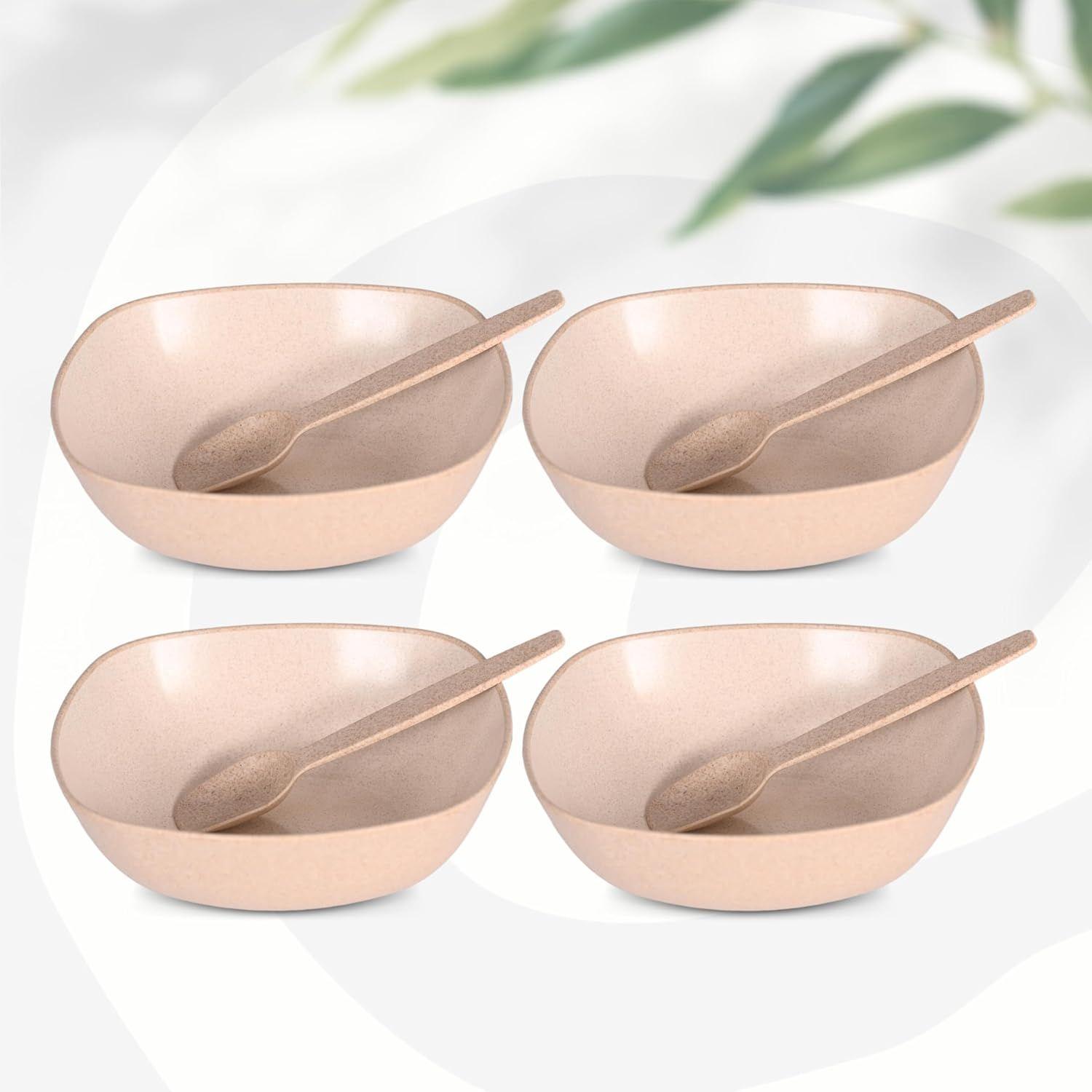 

Set of 4 Earth-Friendly Multipurpose Bowls for Kitchen with Spoons | 750 ml | Made with Rice Husk Biocomposite| Microwave Safe Bo