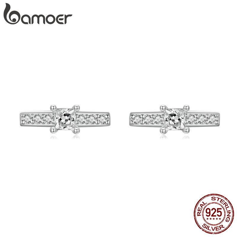 BAMOER 925 Sterling Silver Delicate Mini Line Stud Earrings Sparkling Zircon Earrings for Women Engagement Party Jewelry