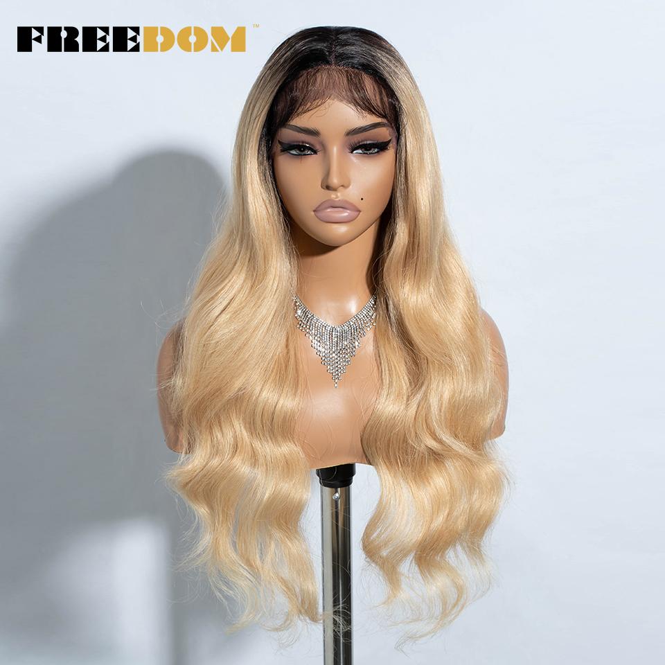 FREEDOM Synthetische Lace Front Pruiken Voor Vrouwen 26“ Highlight Honingbruin Body Wave Pruik Ombre Blond Kant Pruik Synthetische Cosplay Pruik 26inches beige
