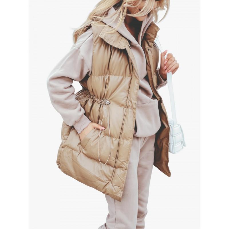 Womens Mid-Length Solid Color Drawstring Loose Cotton Vest With Zipper Pockets Outdoor Camping Hiking