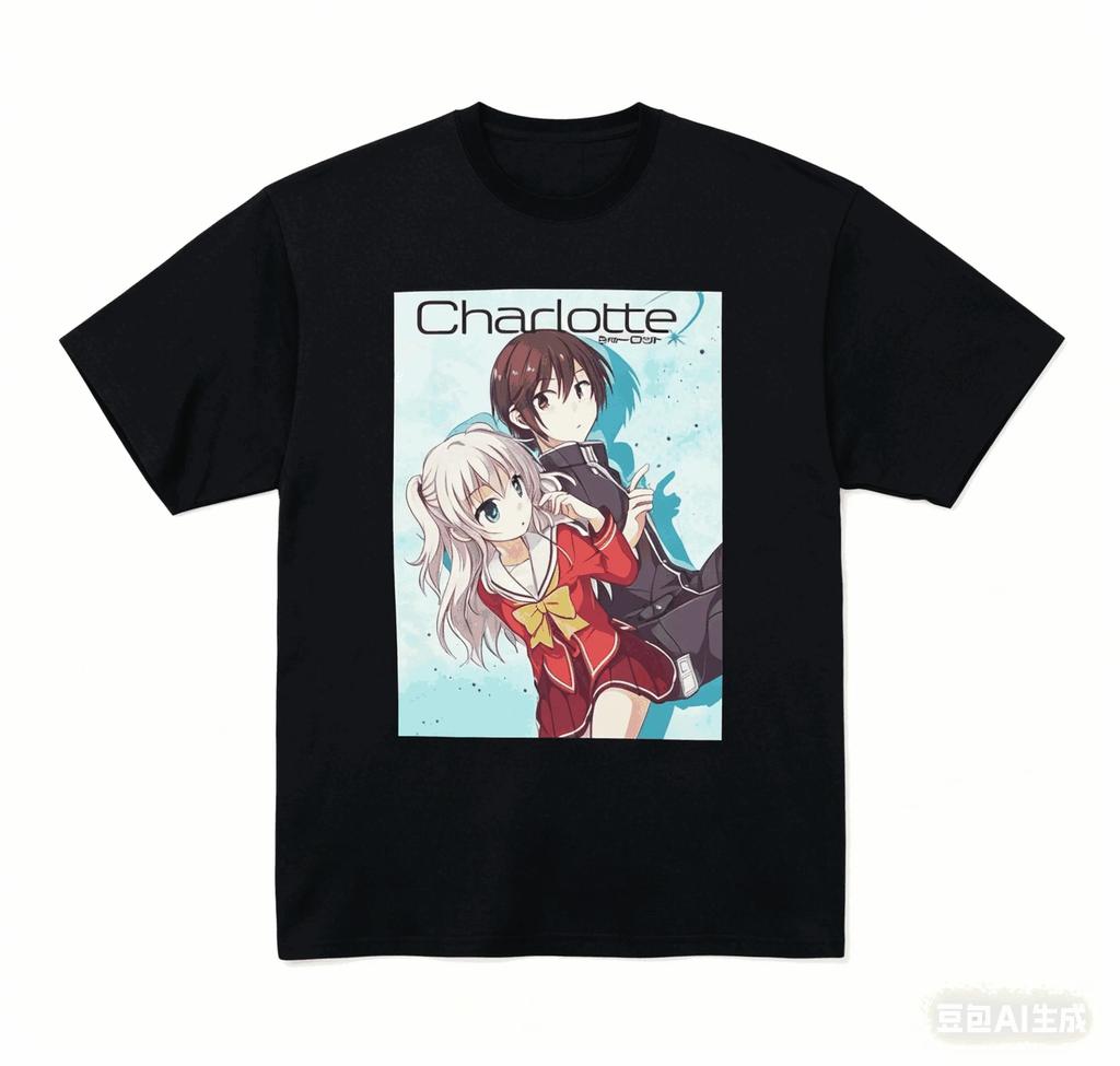 Trendy Vintage Charlotte Anime Yuu Otosaka and Nao Tomori Black Cotton Unisex Casual Graphic Women And Men T-shirt